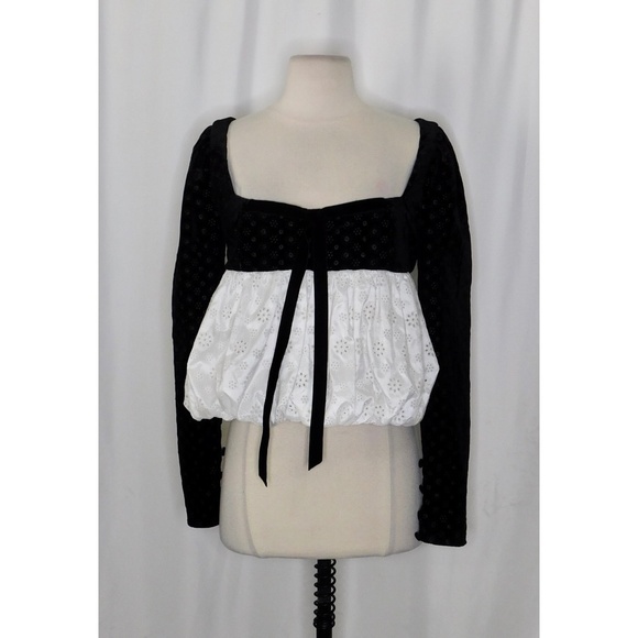 NWT!! FOR LOVE AND LEMONS Elisa Long Sleeve Top Black Velvet Taffeta Eyelet XS - Picture 3 of 16